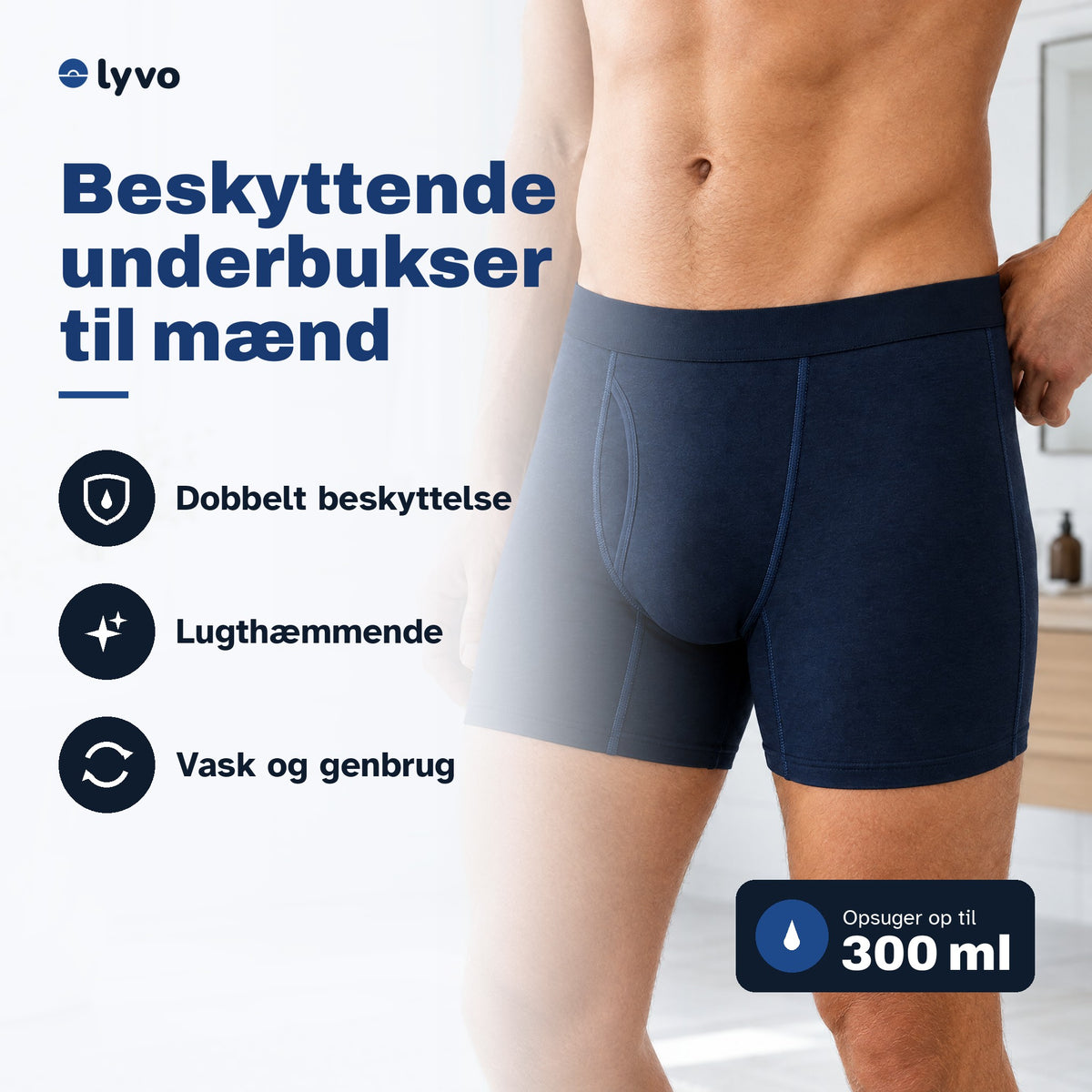 Lyvo EverDry™ beskyttende underbukser til mænd i navy – opsuger op til 300 ml